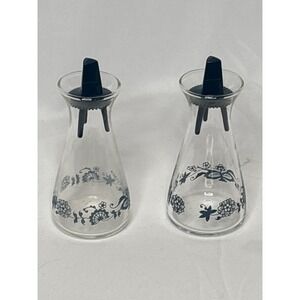 Vintage Pyrex Oil And Vinegar Cruet Set Blue Floral Glass Dispensers Made USA
